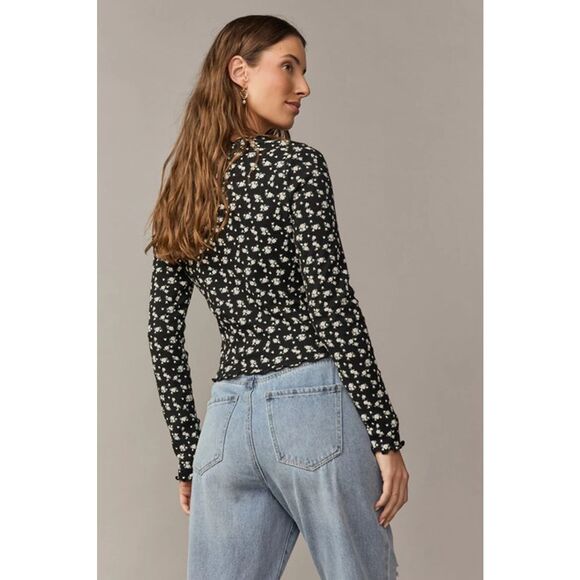 Francesca’s Floral Ribbed Button Front Top – Women’s Small Long Sleeve Stretchy - Picture 2 of 10